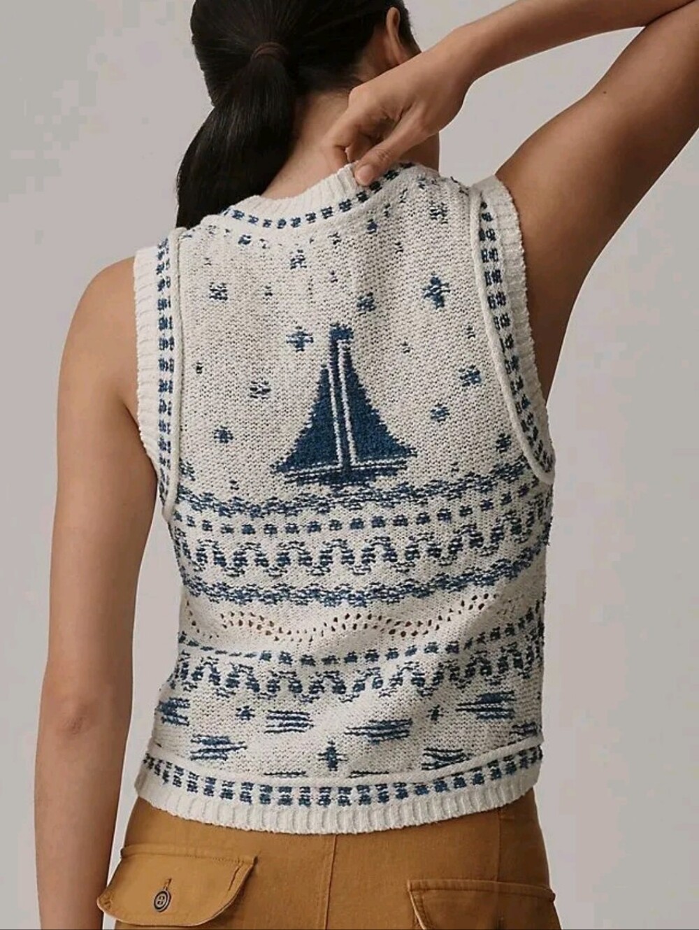 Nwot Anthropologie Pilcro Cream and Navy Sailboat Knit V-Neck Vest Small - Picture 2 of 4